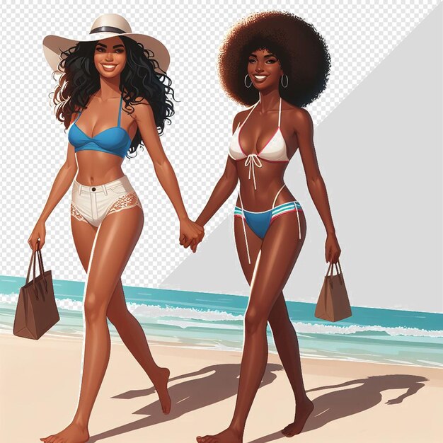 PSD art vectoriel hyperréaliste illustration de la diversité féminine fraternité amitié plage coucher de soleil océan