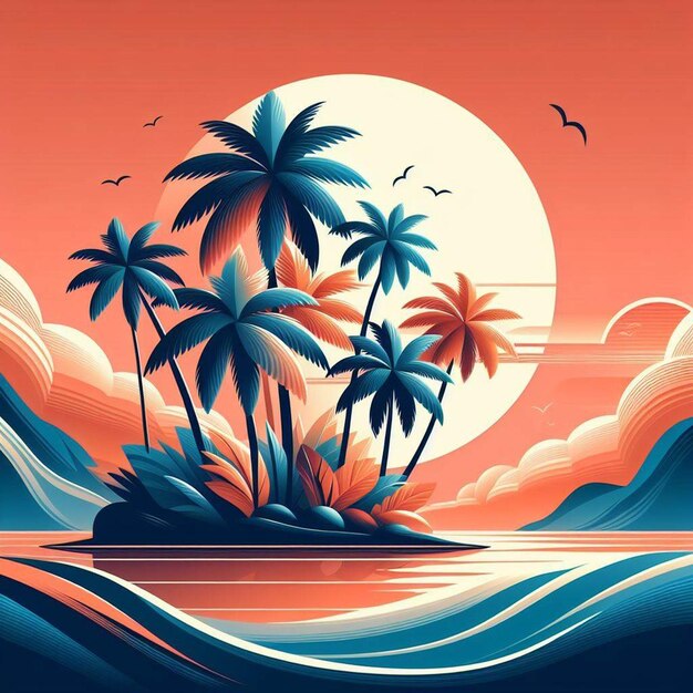 PSD art vectoriel hyperréaliste illustration d'une plage tropicale de palmiers des caraïbes, de noix de coco et de palmier au coucher du soleil.