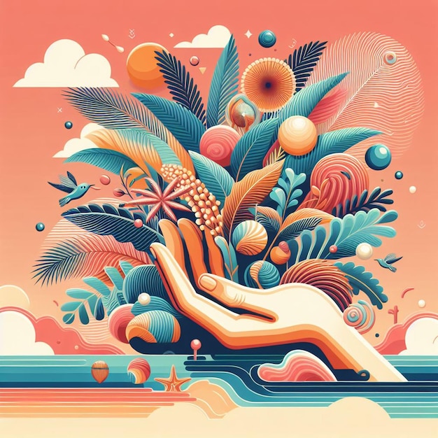 Art Vectoriel Hyperréaliste Illustration D'une Plage Tropicale De Palmiers Des Caraïbes, De Noix De Coco Et De Palmier Au Coucher Du Soleil.