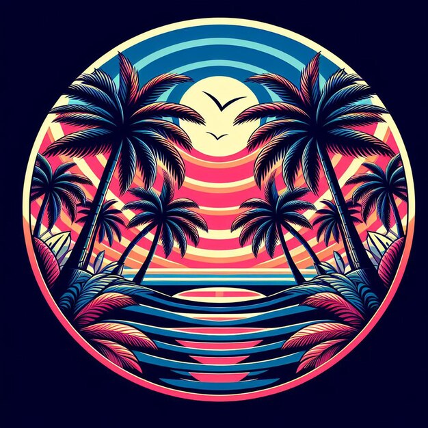 Art Vectoriel Hyperréaliste Illustration D'une Plage Tropicale De Palmiers Des Caraïbes, De Noix De Coco Et De Palmier Au Coucher Du Soleil.