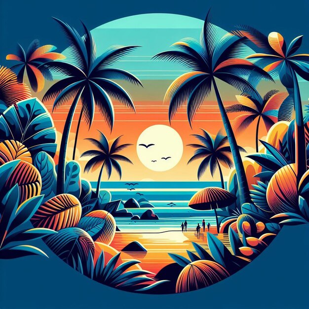 PSD art vectoriel hyperréaliste illustration d'une plage tropicale de palmiers des caraïbes, de noix de coco et de palmier au coucher du soleil.