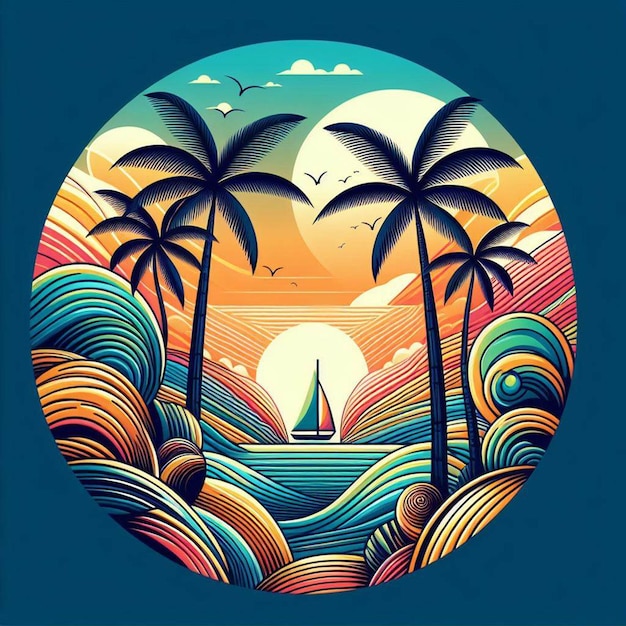 Art Vectoriel Hyperréaliste Illustration D'une Plage Tropicale De Palmiers Des Caraïbes, De Noix De Coco Et De Palmier Au Coucher Du Soleil.