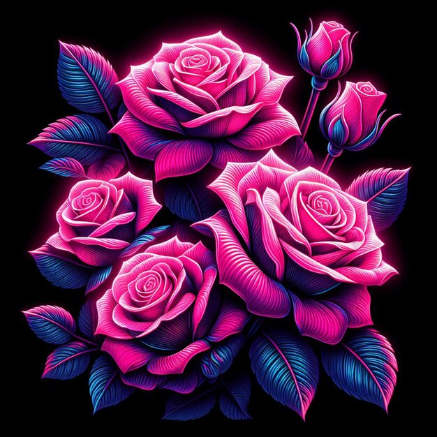 PSD art vectoriel hyperréaliste à la mode bouquet rose festif de couleurs néon roses fleurs isolées noires