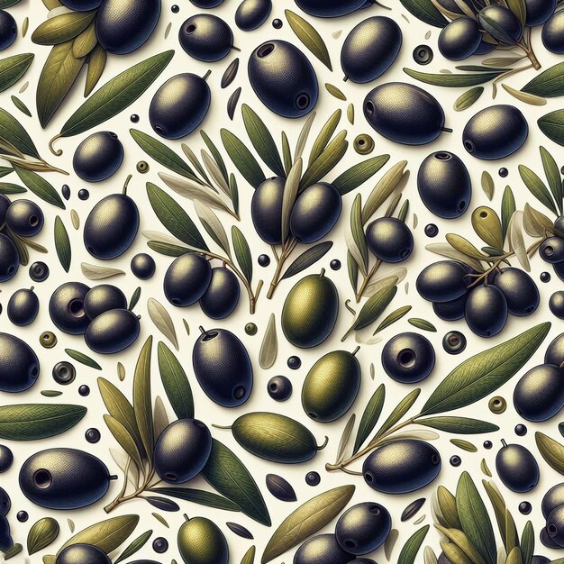 PSD art vectoriel hyperréaliste sans couture des olives fraîches et savoureuses des fruits d'olive des icônes de texture de fond