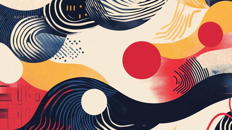 PSD arte abstracto con líneas giratorias círculos y formas texturizadas en rojo amarillo y azul