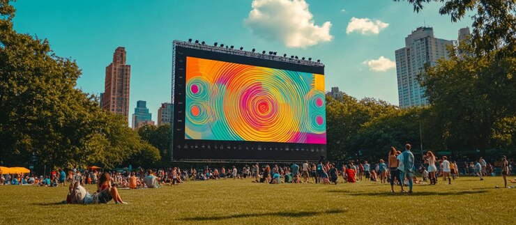 PSD arte abstracto vibrante exhibido en una gran pantalla en un parque con personas relajándose en la hierba