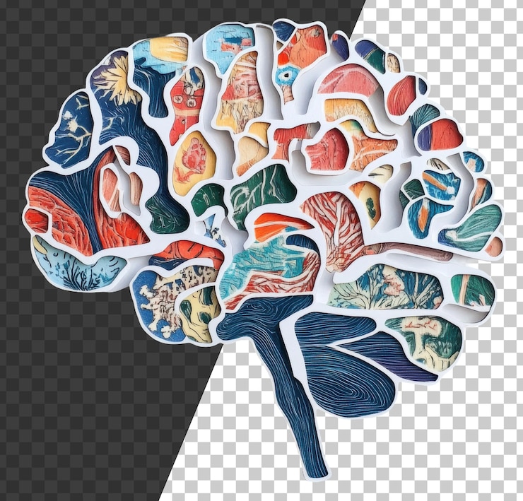 PSD arte cerebral vibrante con diversos temas cortados de stock png