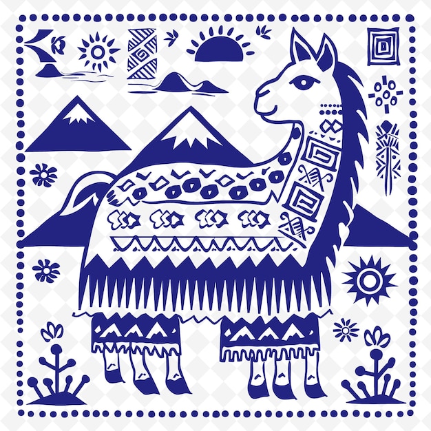 PSD arte de linha de alpaca com padrões peruanos e cadeias de montanhas f contorno artes de rabiscos de decoração da natureza