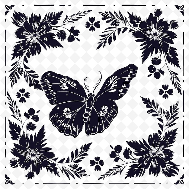 PSD arte de linha de borboleta com flores silvestres e folhas para decoração esboço artes de rabiscos decoração da natureza