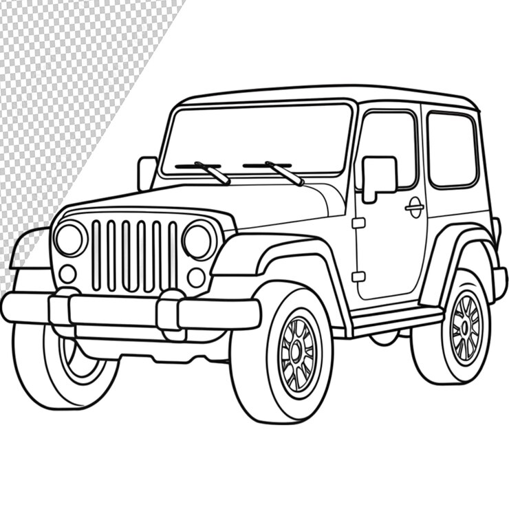 PSD arte de linha de carro de jeep para livro de colorir em fundo transparente