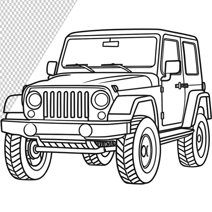 PSD arte de linha de carro de jeep para livro de colorir em fundo transparente
