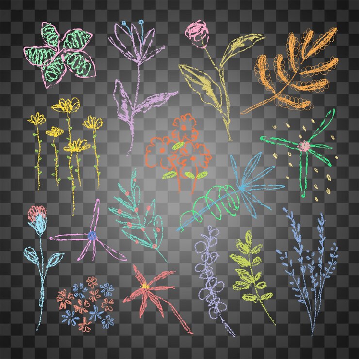 PSD arte de linha floral png fundo transparente pastel desenho de rabiscos para crianças