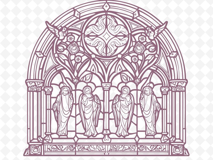 PSD arte de moldura de janela da catedral com anjo e rosa decoração de janela ilustração arte de estrutura decorativa