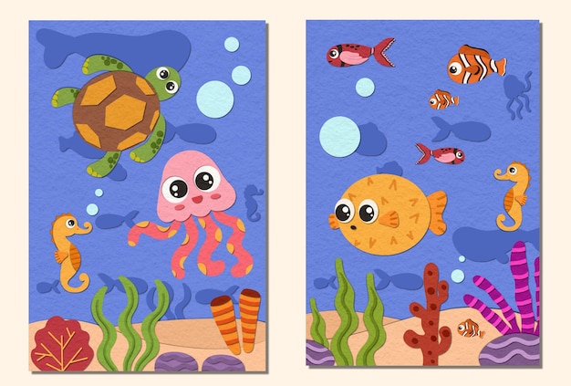 Arte de parede colorida para crianças do mundo subaquático com estilo de ilustração de corte de papel