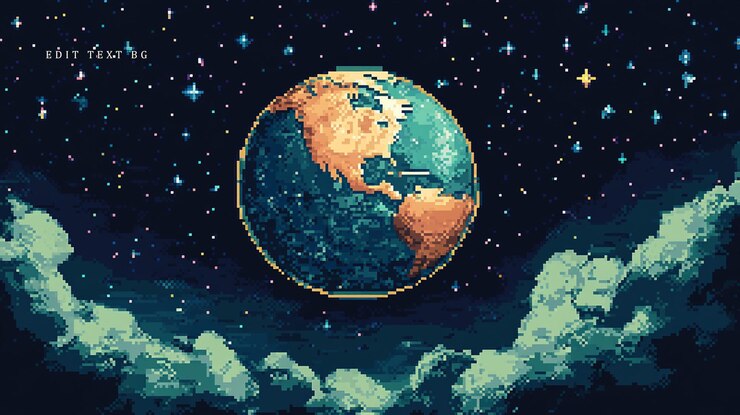 PSD arte de pixel terra cercada por estrelas e nuvens