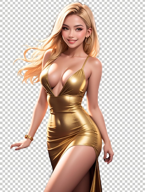 Arte di gioco in stile anime ragazza sexy che indossa un vestito d'oro su uno sfondo trasparente