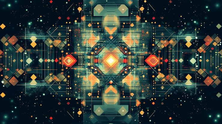 PSD arte digitale simmetrica con motivi geometrici luminosi e sfondo scuro