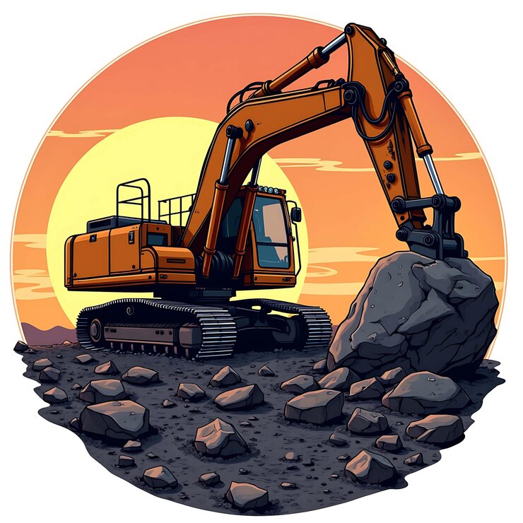 PSD arte de una excavadora retrostilo levantando una roca masiva con una puesta de sol en el fondo