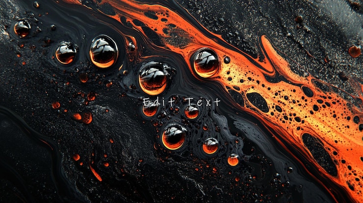 PSD arte fluido abstracto con remolinos naranja y negro y burbujas metálicas
