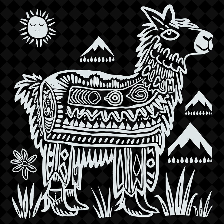 PSD arte folclórica da alpaca com padrões peruanos e cordilheiras f colecção de quadro de arte de contorno criativo