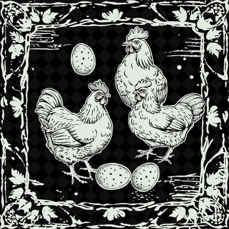 PSD arte folclórica da fazenda png com galinhas e ovos para decorações em esboço arte de frame tradicional