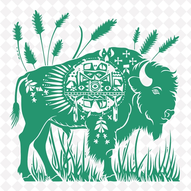 PSD arte folclórica de bison png com gramíneas de pradaria e ilustração de simbologia nativa americana