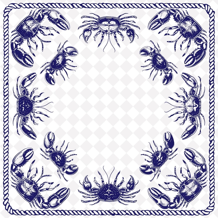 PSD arte folclórica de frutos do mar náuticos de png com lagostas e caranguejos para decoração coleção de arte de contorno tradicional