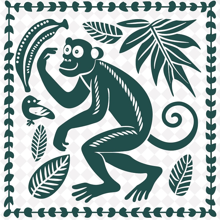 PSD arte folclórica de macaco com bananas e folhas da selva para decoração ilustração esboço decoração de moldura