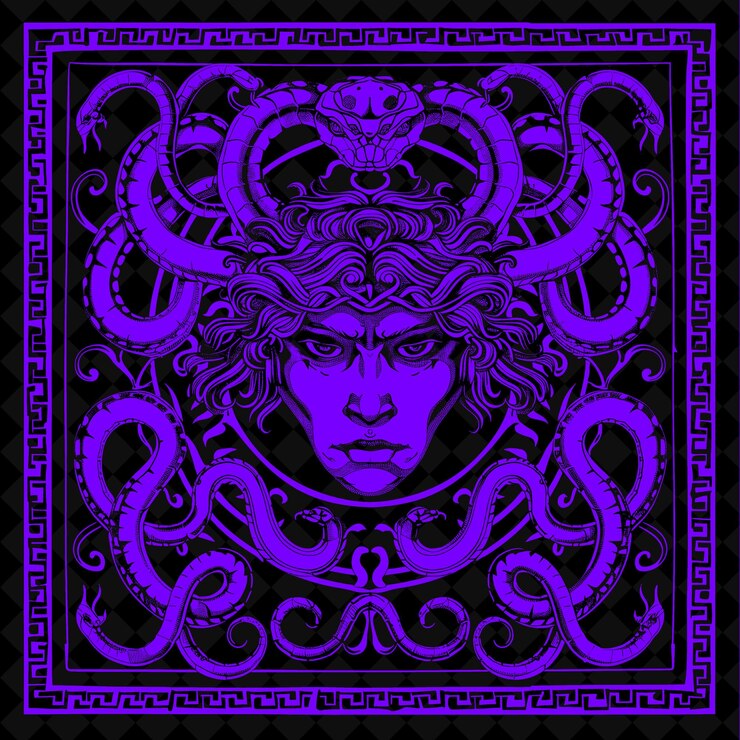 PSD arte folclórica de png medusa com cobras e cabelos para decorações na ilustração contorno decoração da moldura