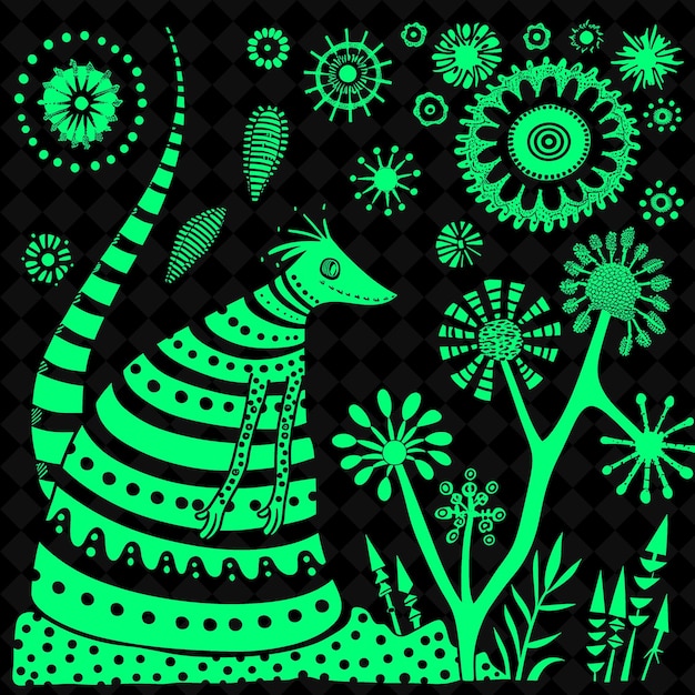 PSD arte folclórica de png numbat com montes de termitas australianos e decoração única de quadro de contorno de ilustração pa