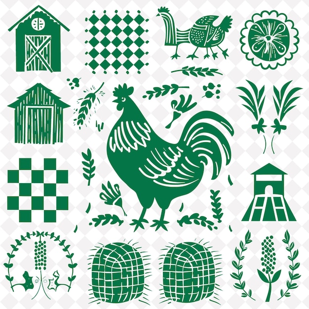 Arte Folclórica do Galo do País com Padrão a Caixa e Quadro de Contorno PNG em Fundo Limpo Colecção