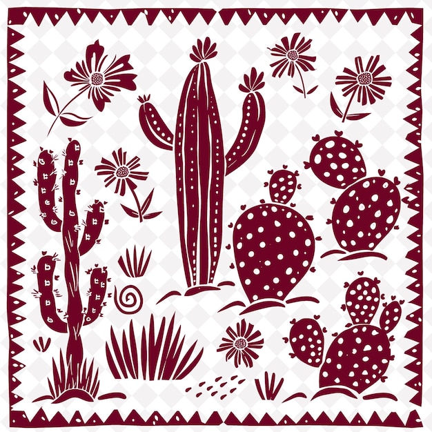 PSD arte folclórica do sudoeste de png com cactos e flores do deserto para deco colecção de arte de contorno tradicional