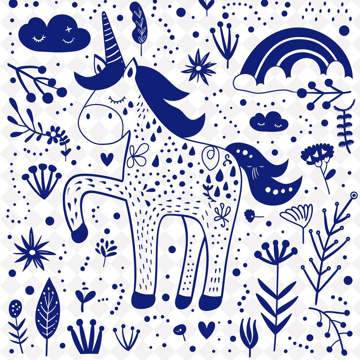 PSD arte folclórica do unicórnio encantado com padrão de arco-íris e quadro de contorno png em fundo limpo colecção