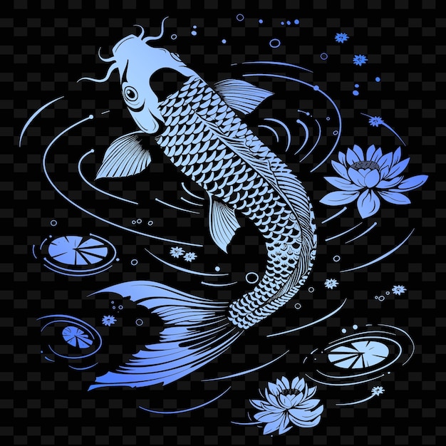 Arte folclórica oriental de peixes koi com padrão de escala e detalhe de água ilustração motivos de decoração coleção