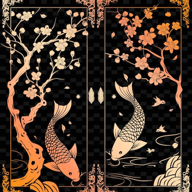 PSD arte folclórica oriental do gabinete com árvore de cerejeira em flores e coleção de motivos de decoração de ilustração koi f