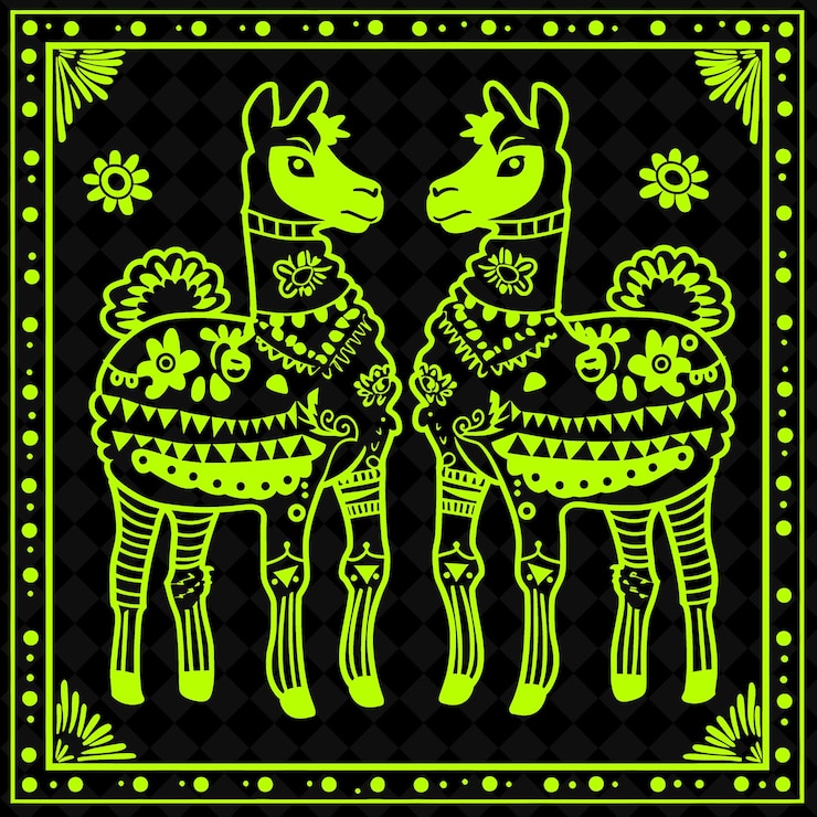 PSD arte folclórica png llama com têxteis andinos e ilustração de elementos sul-americanos