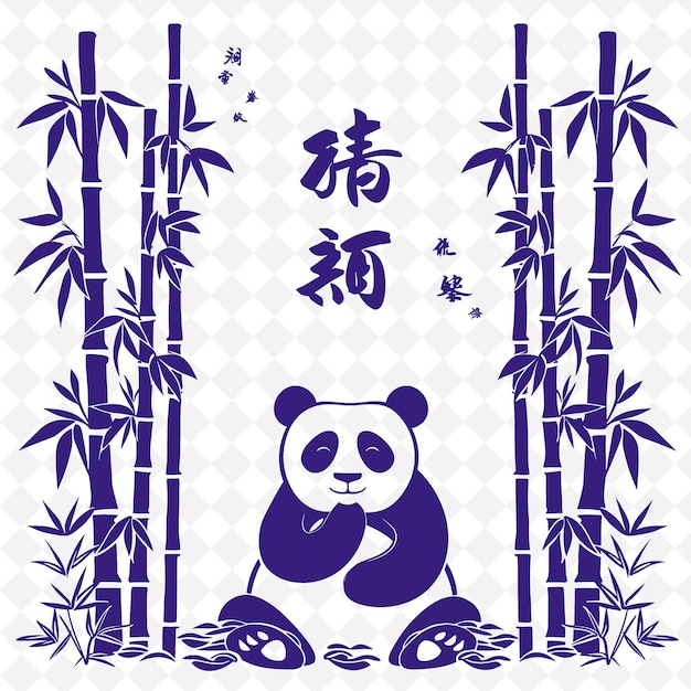 PSD arte folclórica png panda com brotos de bambu e símbolos chineses para a decoração do quadro de contorno de ilustração