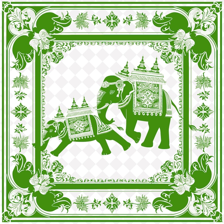 PSD arte folclórica tailandesa png com elefantes e padrões de folhas de ouro para a coleção de arte de contorno tradicional deco