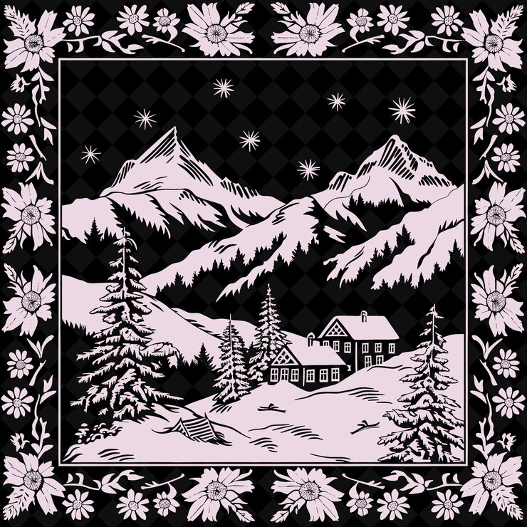 PSD arte folclórico alpino con edelweiss y chalets para decoraciones describo el arte tradicional del marco