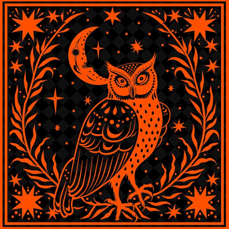 PSD arte folclórico de búho png con fases de la luna y estrellas para decoraciones ilustración de placa contorno decoración de marco