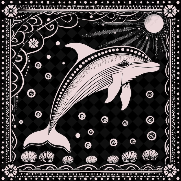 PSD arte folclórico de delfines con conchas marinas y rayos de sol para decoraciones colección de marcos artísticos de contorno creativo