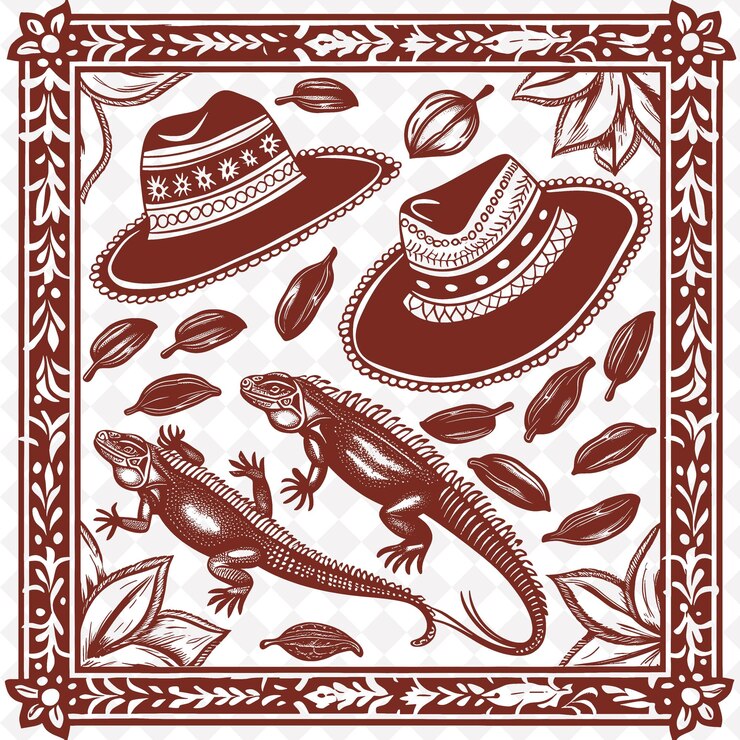 PSD arte folclórico ecuatoriano con sombreros de panamá e iguanas para decorar marco tradicional único decorativo