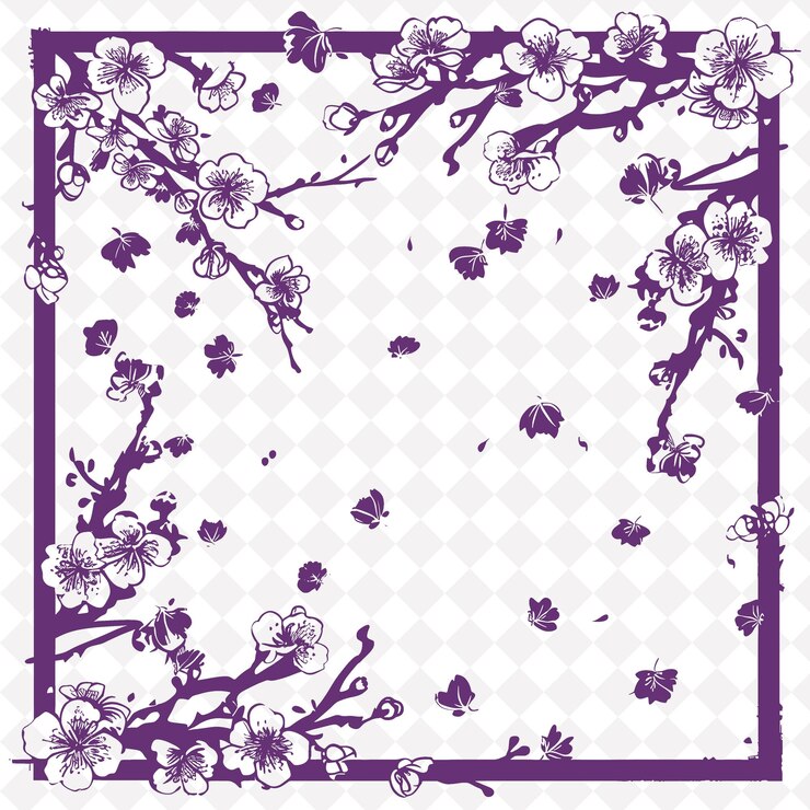 PSD arte folclórico de la flor de cerezo con pétalos y ramas para decoración ilustración contorno decoración del marco