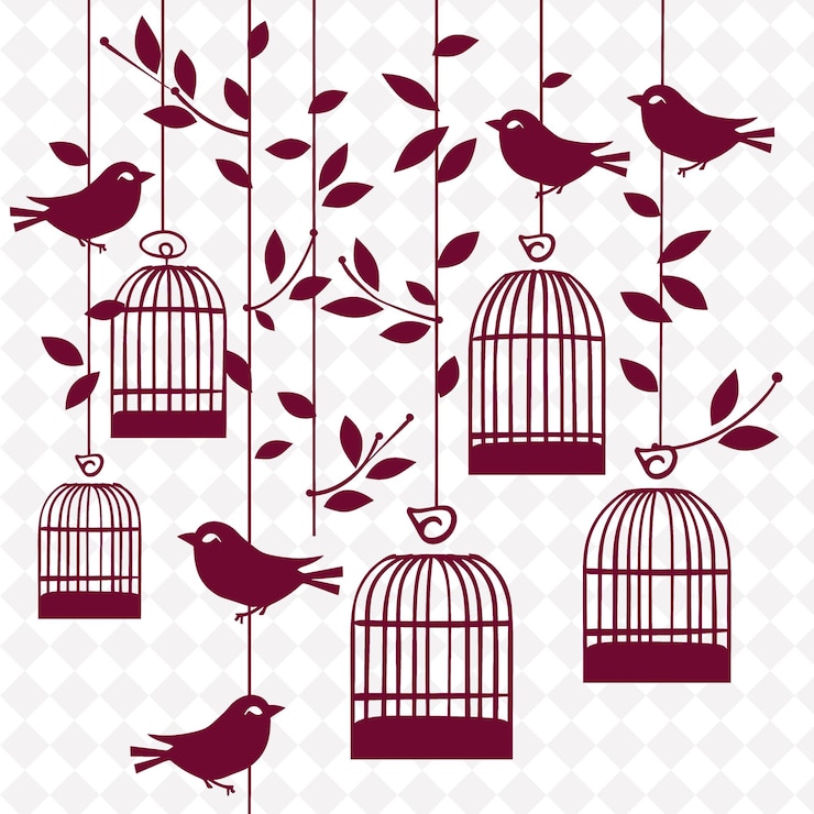PSD arte folclórico de jaula de pájaros rústico con patrón de alambre y motivos bir png arte en fondo limpio colección