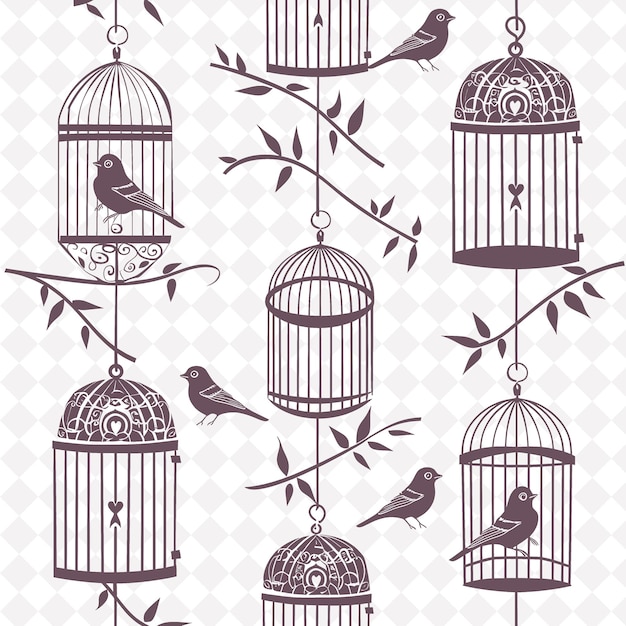PSD arte folclórico de jaula de pájaros rústico con patrón de alambre y motivos bir png arte en fondo limpio colección