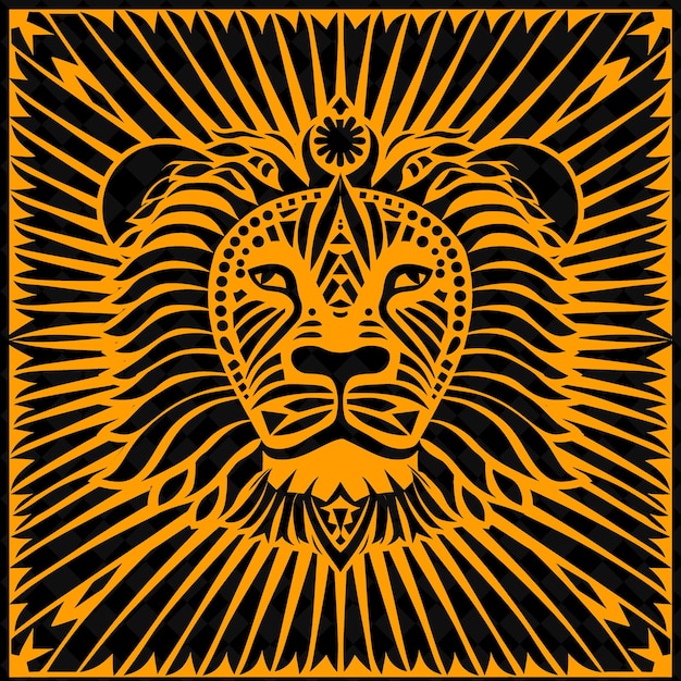 Arte folclórico del león de png con patrones tribales y rayos de sol para decoración ilustración contorno decoración del marco