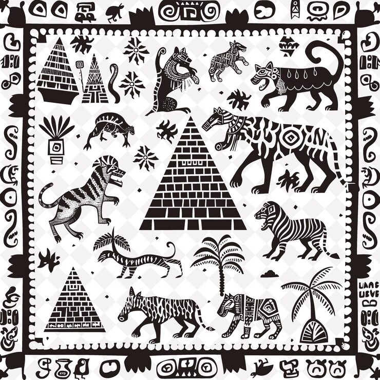 PSD arte folclórico maya de png con glifos y pirámides para decoraciones en la colección de arte de contorno tradicional de t