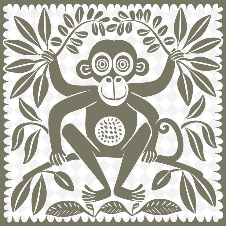 PSD arte folclórico del mono con plátanos y hojas de la selva para decoración ilustración contorno decoración del marco