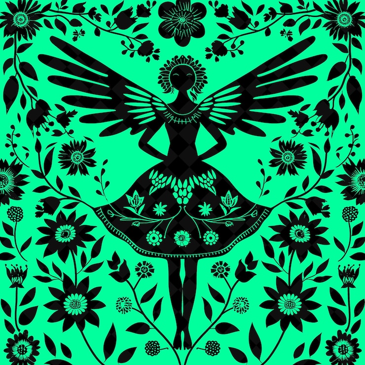 PSD arte folclórico de ninfas png con alas y flores para decoraciones en la ilustración contorno decoración del marco
