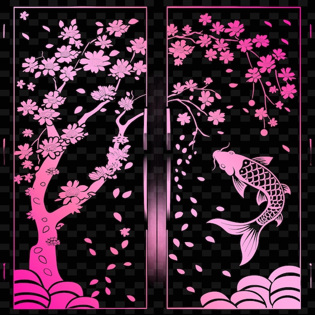PSD arte folclórico oriental con árbol de cereza en flor y koi f ilustración colección de motivos de decoración